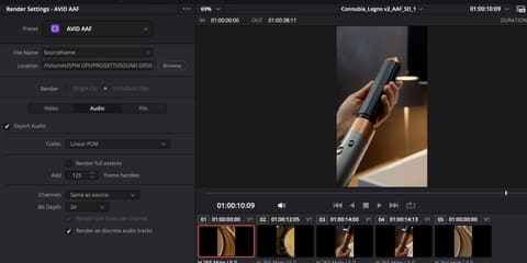 Render settings for the AAF: AVID AAF preset, 125-frame handles, separate audio tracks
