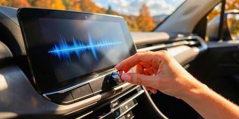 Una mano gira la manopola del volume sotto lo schermo dell'autoradio con una forma d'onda blu, dietro il finestrino gli alberi d'autunno